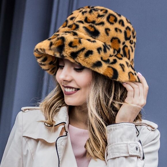Brown Black Fur Bucket Hat Black Leopard Print Pattern Style - Picture 1 of 2